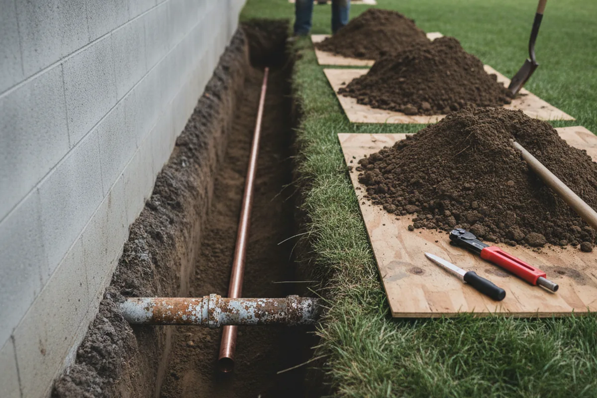 Excavated water line trench during Water Softener Installation in Colwich
